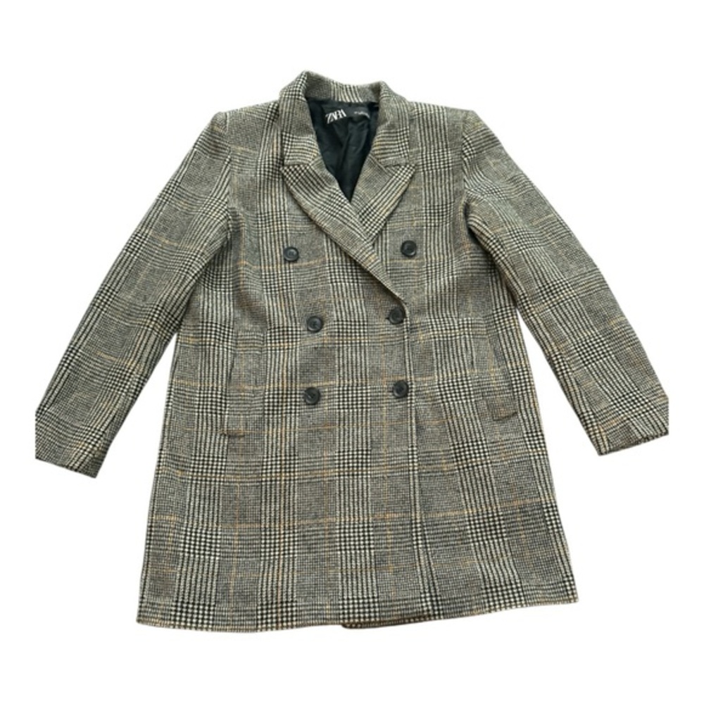 ZARA Plaid Wool-Blend Double Breasted Coat Gray Check Long Blazer Jacket S